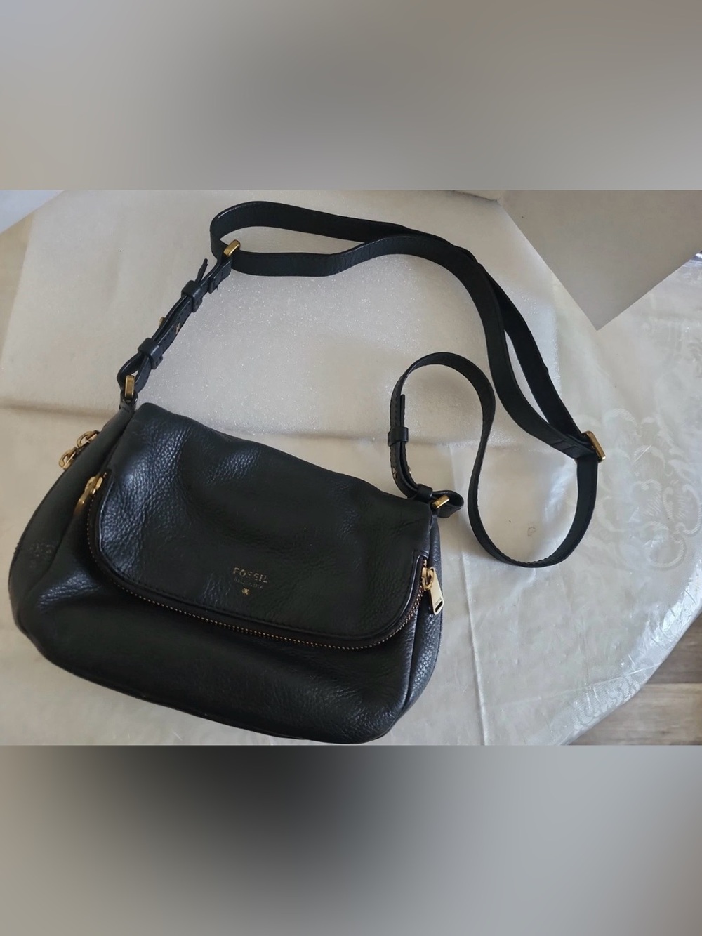 Vintage Fossil Preston Black Pebble Leather Flap Crossbody Shoulder Bag